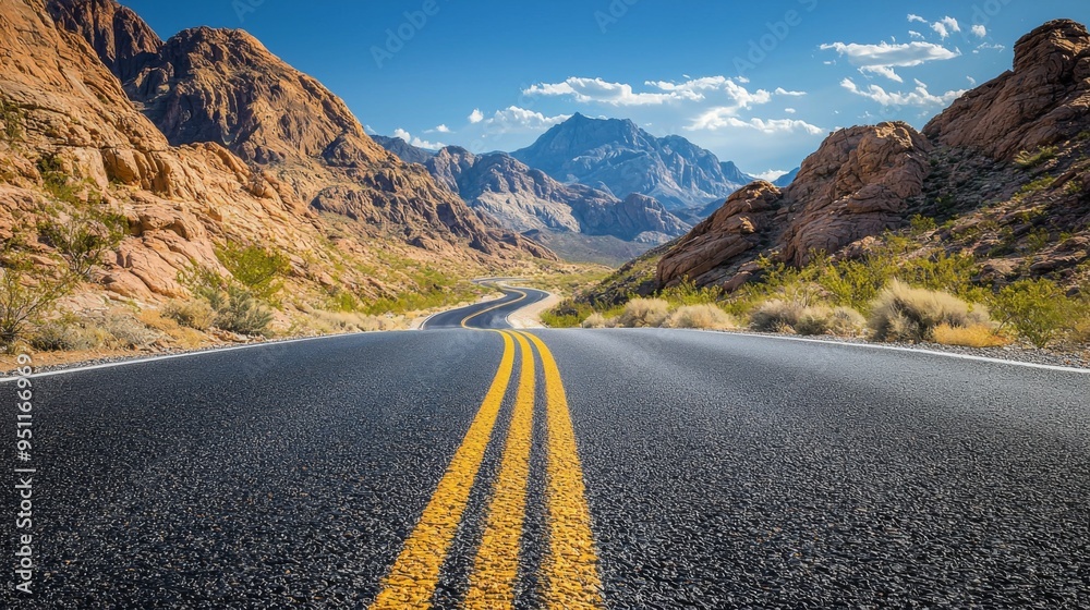 Naklejka premium Close-up of the centerline of a highway winding between mountain peaks on a sunny day