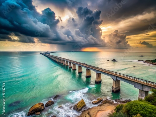 Wallpaper Mural Indian Coast (Diverse coastline with beaches, temples, and historical sites)Rainy Day a wide-angle shot of the magnificent Pamban Bridge in Tamil Nadu, rainclouds mirrored in the calm waters below Torontodigital.ca