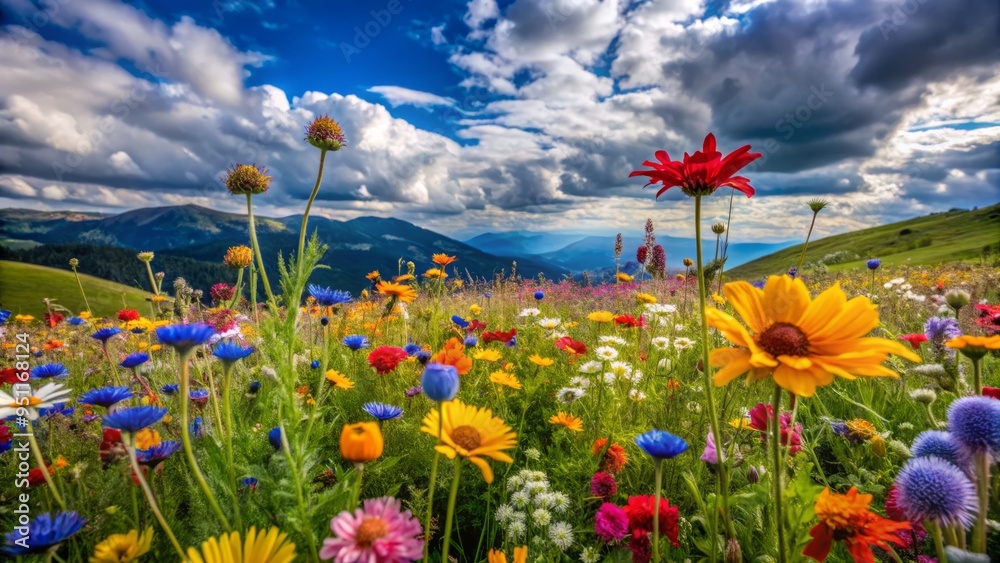 vibrant meadow wildflowers blooming in a dramatic, abstract composition, unconventional angles and bold colors vibrant meadow wildflowers blooming in a dramatic, abstract composition, unconventional angles and bold colors