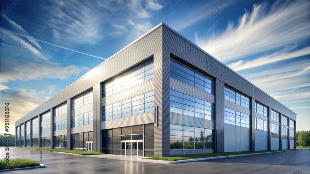 Modern industrial factory building with large windows and clean architectural design, manufacturing Modern industrial factory building with large windows and clean architectural design, manufacturing