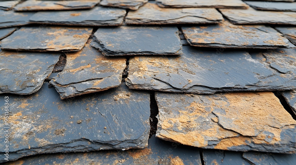 Textured shingle roof with visible signs of hail damage, where fresh impacts create new dents amid older, more weathered cracks, portraying a history of storms Textured shingle roof with visible signs of hail damage, where fresh impacts create new dents amid older, more weathered cracks, portraying a history of storms
