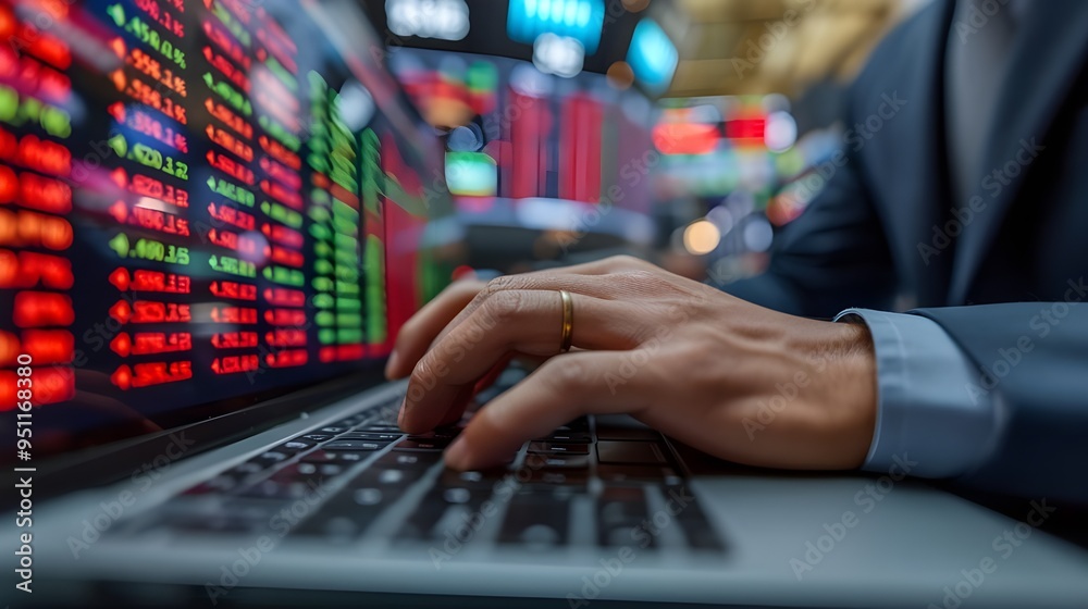 Stock Broker, trader Analyzes Candlestick Chart on Laptop, Seeking Investment Opportunities, Stock Market Analysis, Investment Strategy, background blurred Stock Broker, trader Analyzes Candlestick Chart on Laptop, Seeking Investment Opportunities, Stock Market Analysis, Investment Strategy, background blurred
