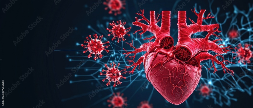 Detailed of a human heart surrounded by virus particles, emphasizing the impact of infectious diseases on cardiovascular health. Detailed of a human heart surrounded by virus particles, emphasizing the impact of infectious diseases on cardiovascular health.