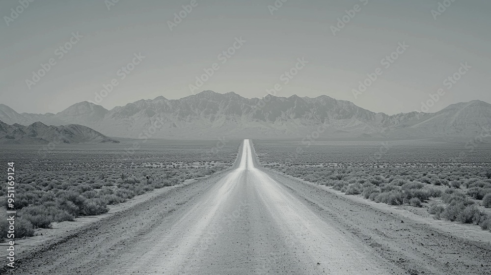 Naklejka premium Desert road with a distant mountain range, minimalist, monochrome, endless stretch, solitary journey