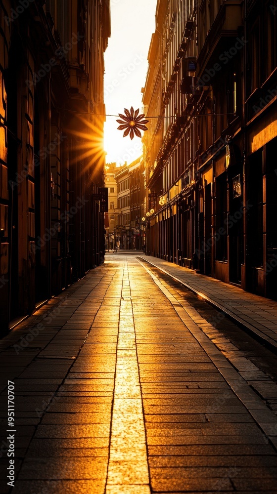 Sunset over a narrow city street with golden light reflecting on the buildings and pavement, capturing a serene urban evening.