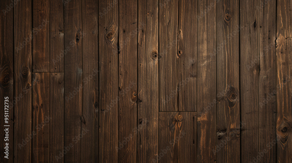 Naklejka premium Fond de planche de bois marron foncé, papier peint. Vieux fond en bois texturé foncé grunge, la surface de la vieille texture de bois brun, vue de dessus lambris en bois de pin brun. 