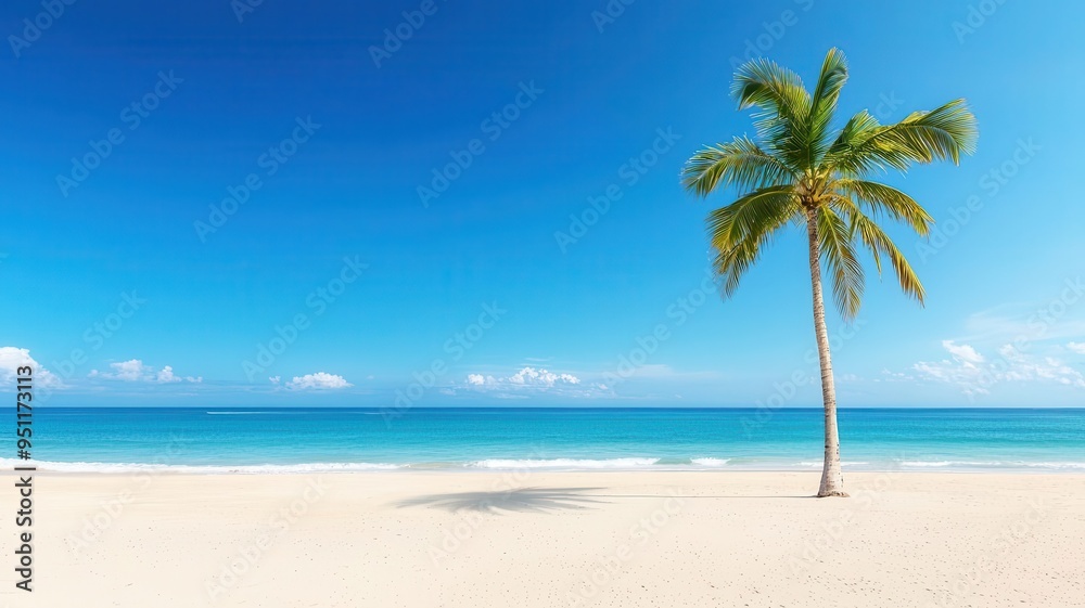 Fototapeta premium Deserted beach with a single palm tree, soft sand, tranquil waves, distant horizon, Labor Day, island retreat