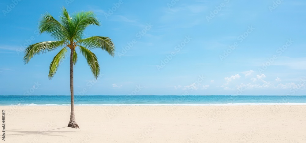 Obraz premium Deserted beach with a single palm tree, soft sand, tranquil waves, distant horizon, Labor Day, island retreat