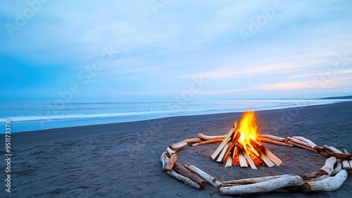 Empty beach with a bonfire setup, driftwood arranged in a circle, waiting for dusk, Labor Day, evening celebration photo