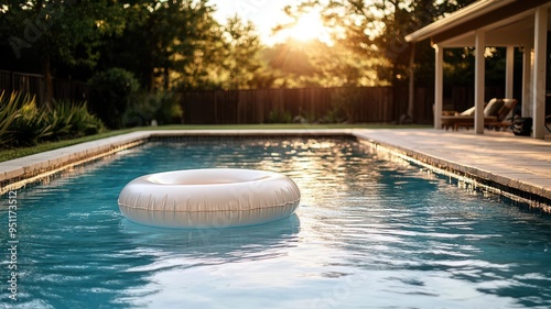 Quiet backyard pool with a float drifting in the water, late afternoon sun casting long shadows, Labor Day, private relaxation