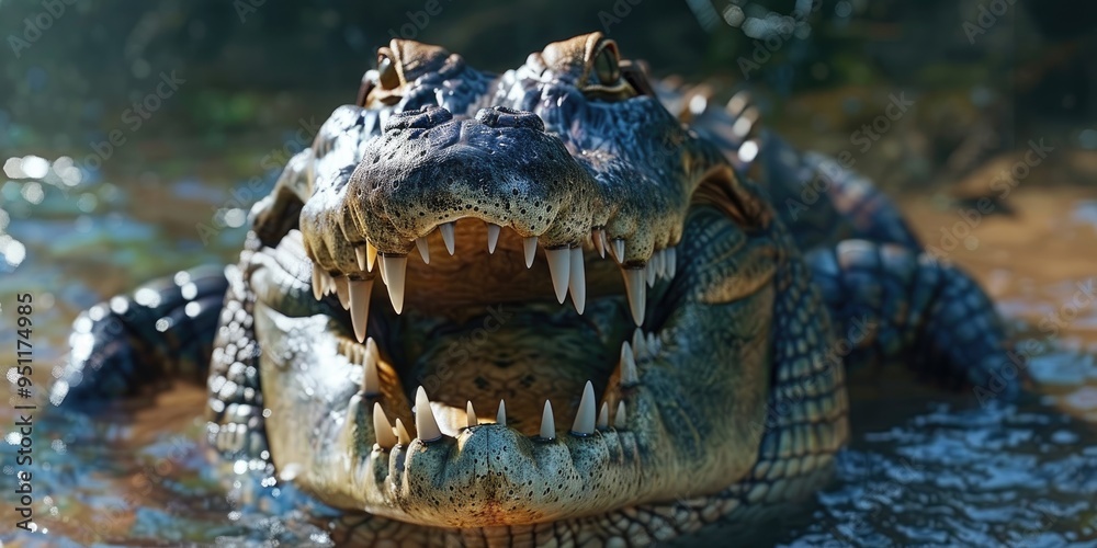 Fototapeta premium Crocodile displaying its teeth and powerful jaws wide open.