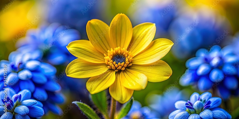 Close up of a vibrant yellow flower with tiny blue flowers blooming on its petals Close up of a vibrant yellow flower with tiny blue flowers blooming on its petals