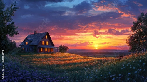 A farmhouse at dusk, with the sky fading into night and the fields surrounding the house bathed in the soft glow of the setting sun, ideal for rural and homey themes with space for text.