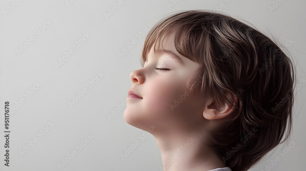 Serene Child Profile with Closed Eyes and Concealed Hands on Clean White Background Serene Child Profile with Closed Eyes and Concealed Hands on Clean White Background