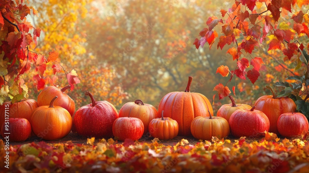 A festive October scene with a harvest of apples and pumpkins, set against a backdrop of colorful autumn foliage. A festive October scene with a harvest of apples and pumpkins, set against a backdrop of colorful autumn foliage.