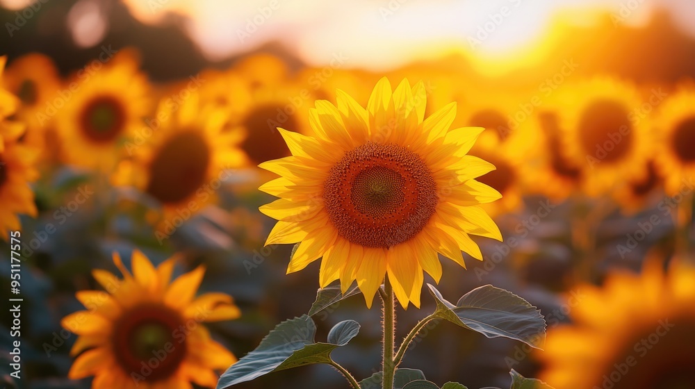 A field of sunflowers at sunset, their bright yellow faces turned toward the last rays of sunlight, with a warm, glowing sky in the background.