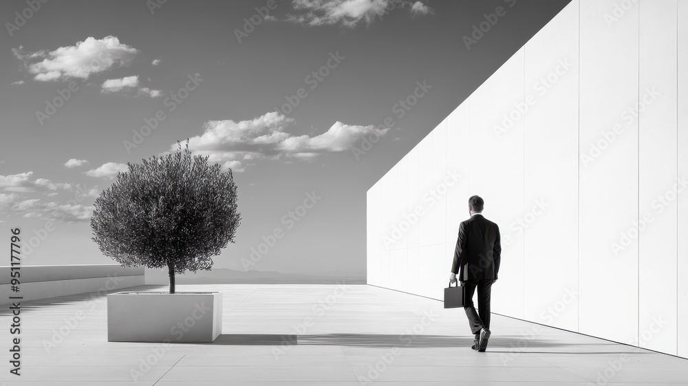 Fototapeta premium Black and white silhouette of agent against geometric architecture.