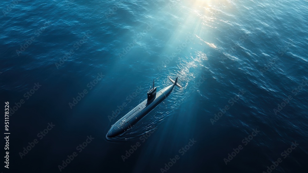 Fototapeta premium Submarine silently observing pod of whales in dark depths.