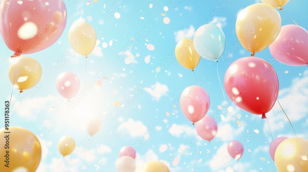 Colorful Balloons Floating in Blue Sky with Confetti - Festive Background Colorful Balloons Floating in Blue Sky with Confetti - Festive Background