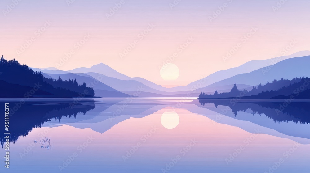Fototapeta premium Serene Mountain Lake at Sunset with Soft Pink and Purple Hues - Beautiful Nature Landscape