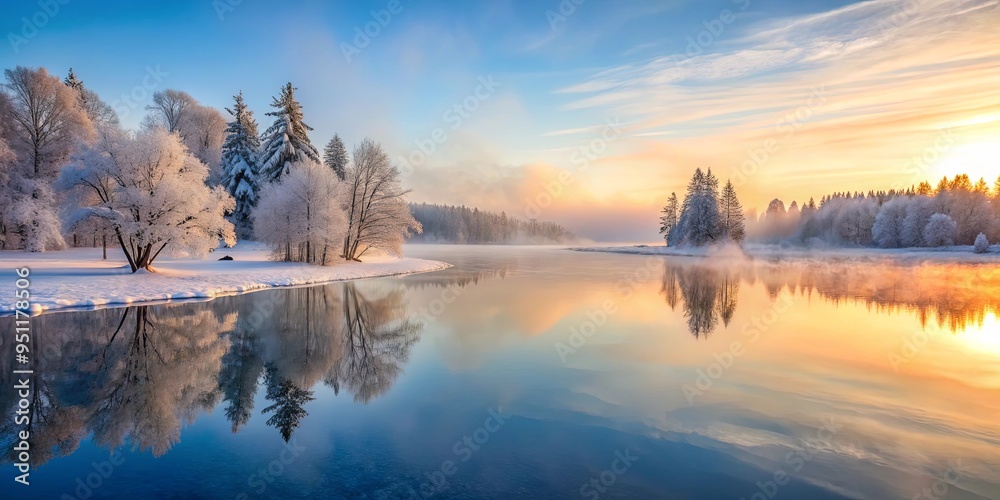 Fototapeta premium Tranquil frozen lake at dawn with mist rising, surrounded by snow-covered trees