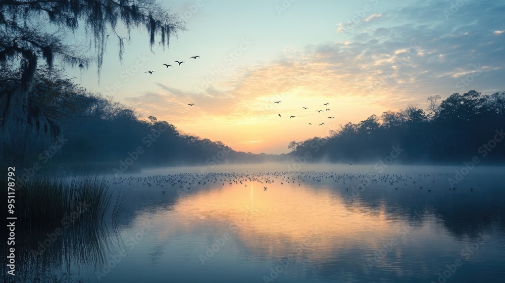 Fototapeta premium A Florida lake at dawn, with birds flying low over the water and the first light of day reflecting on the surface.