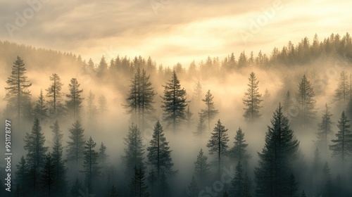 A foggy forest at dawn, with trees emerging from the mist, offering a mysterious and tranquil atmosphere with ample room for messaging.