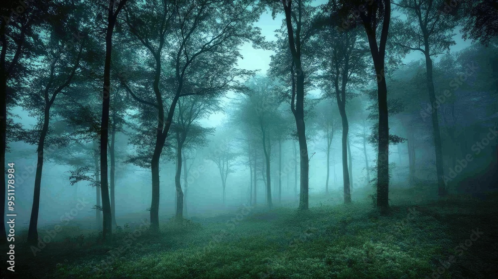 A foggy forest with tall, dark trees standing close together, creating an eerie yet beautiful atmosphere. A foggy forest with tall, dark trees standing close together, creating an eerie yet beautiful atmosphere.