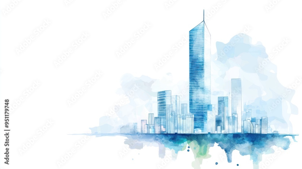 Fototapeta premium Cityscape, futuristic skyscraper in planning, watercolor style
