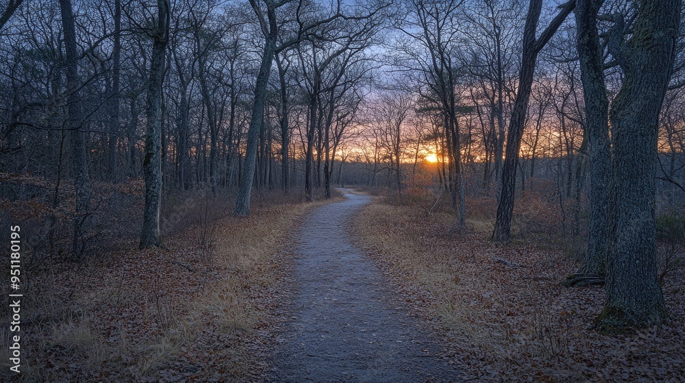A forest path at dusk, with trees casting long shadows and the sky transitioning to night, ideal for themes of adventure and exploration with space for text. A forest path at dusk, with trees casting long shadows and the sky transitioning to night, ideal for themes of adventure and exploration with space for text.