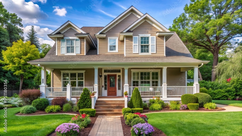 A typical suburban house with a front porch and garden , home, residence, property, neighborhood, architecture A typical suburban house with a front porch and garden , home, residence, property, neighborhood, architecture