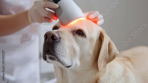 A dog receiving laser therapy treatment, soft light, warm-toned clinic environment, calm and peaceful atmosphere, pet rehabilitation, healing touch photo