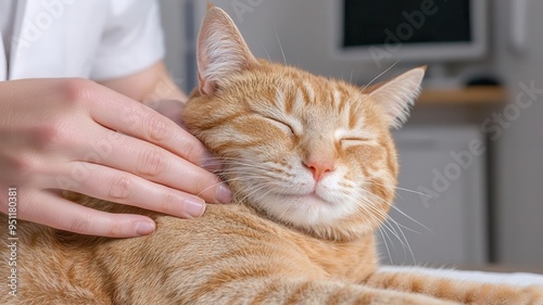 Cat being comforted with a gentle massage by vet s hands, warm and calming clinic room, feline comfort, therapeutic touch photo