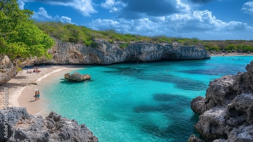 Panoramic view of a tropical beach featuring sea, sand, and sky, with romantic elements like chairs, umbrellas, and palm leaves, creating a luxurious travel destination atmosphere.