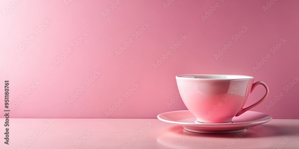 Pink tea cup and saucer on matching pink background with wall backdrop Pink tea cup and saucer on matching pink background with wall backdrop