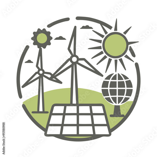 Eco-friendly energy concept illustration featuring wind turbines, solar panels, and the Earth