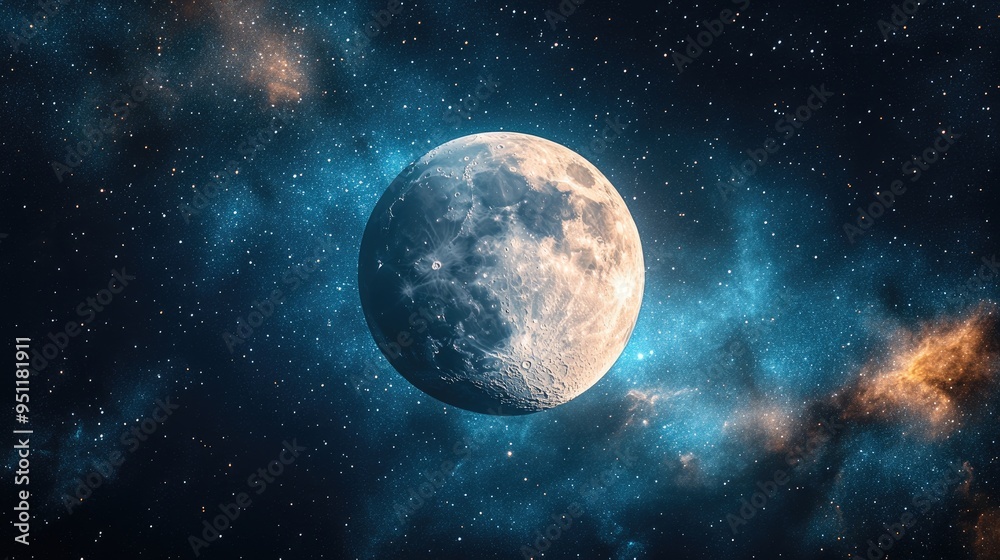 Obraz premium A full moon floating in the vast expanse of space, with a nebula and distant stars in the background, providing a cosmic scene with clear space for copy.