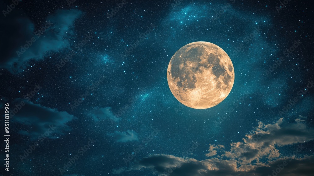 A full moon glowing brightly in the night sky, surrounded by faint stars and clouds, creating a serene and peaceful scene with ample copy space. A full moon glowing brightly in the night sky, surrounded by faint stars and clouds, creating a serene and peaceful scene with ample copy space.