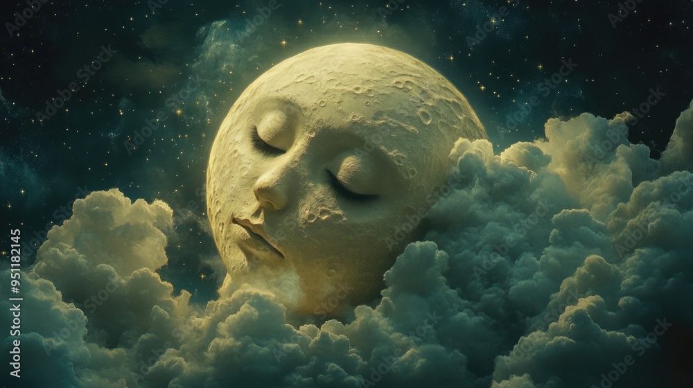 A full moon with a face, surrounded by clouds and stars, creating a magical and enchanting night scene with room for text.