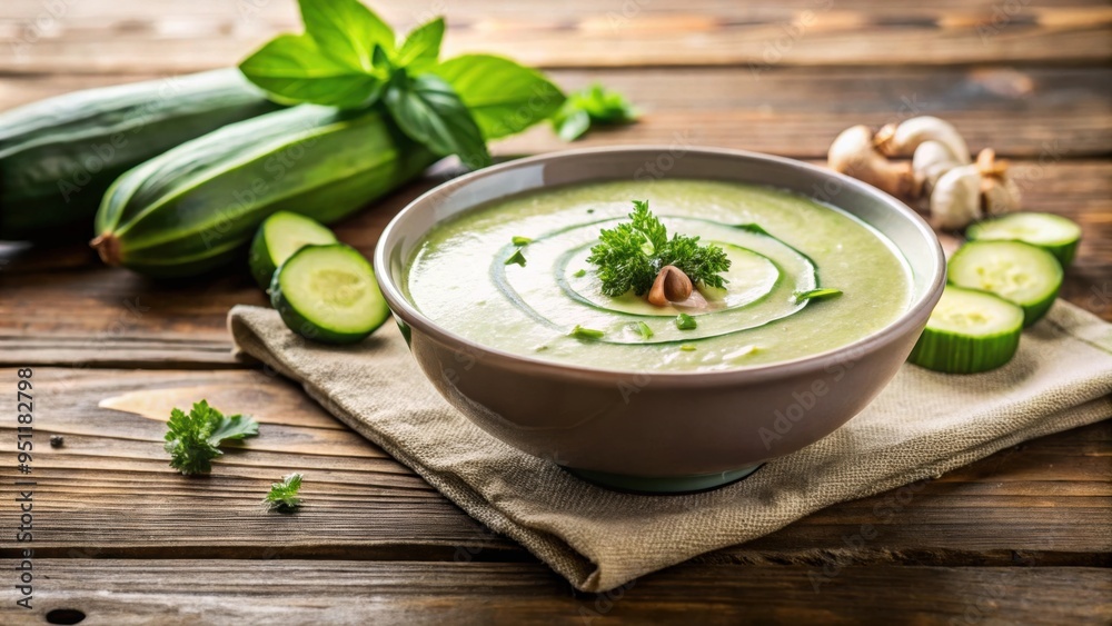 Creamy zucchini soup in a bowl on a wooden table, food, soup, healthy, vegetarian, green, creamy, delicious, bowl, wooden table Creamy zucchini soup in a bowl on a wooden table, food, soup, healthy, vegetarian, green, creamy, delicious, bowl, wooden table