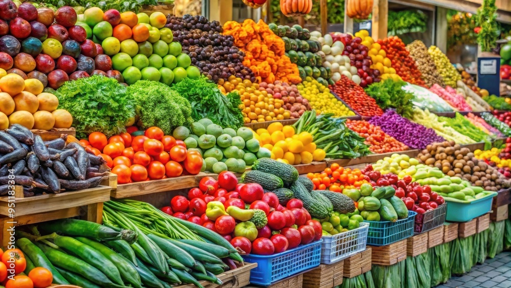 Fresh fruits and vegetables displayed at a vibrant market stall , colorful, assorted, healthy, produce, market Fresh fruits and vegetables displayed at a vibrant market stall , colorful, assorted, healthy, produce, market