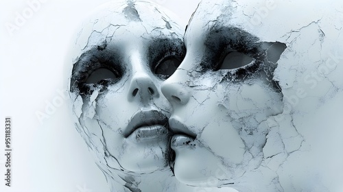 Broken mirror with cursed reflections of Halloween masks, surreal horror concept, dark and haunting style, isolated on white background
