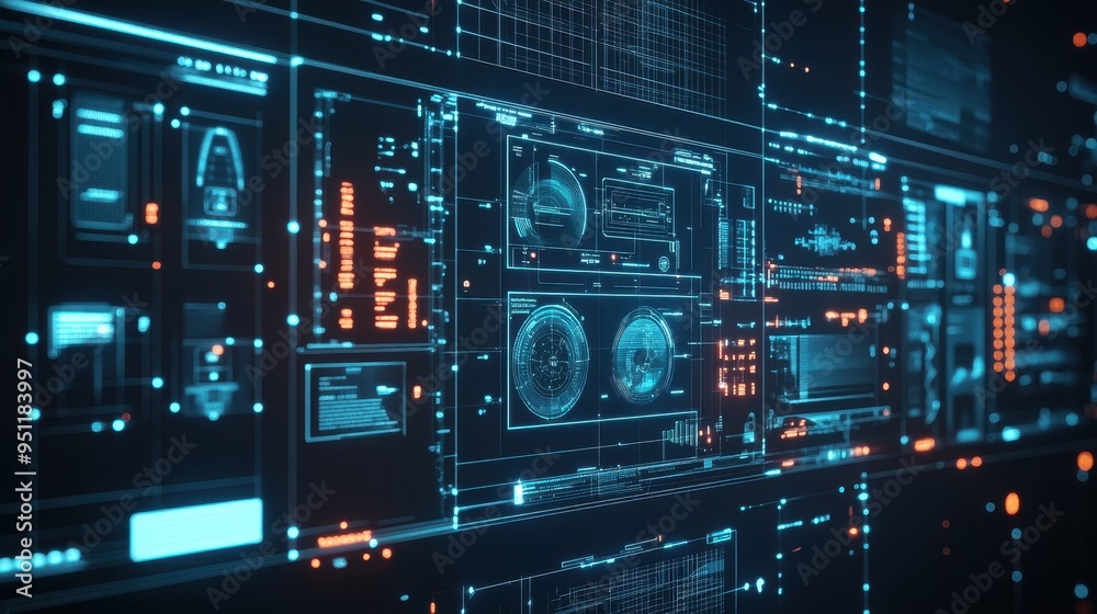 Abstract Futuristic Digital Interface with Glowing Blue and Orange Lights on Black Background. Abstract Futuristic Digital Interface with Glowing Blue and Orange Lights on Black Background.