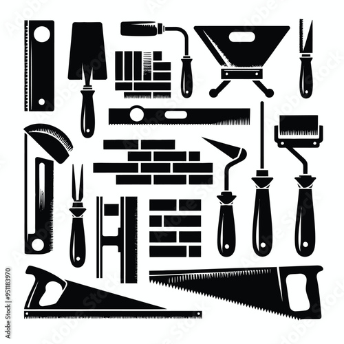 bricklaying, such as a brick trowel, a level, and a masonry saw. The silhouettes should emphasize the precision and craftsmanship of these tools