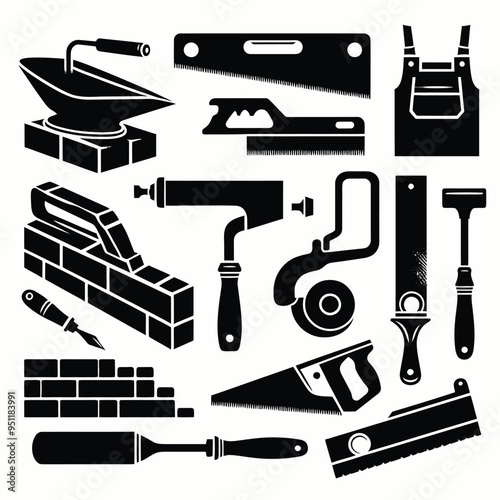 bricklaying, such as a brick trowel, a level, and a masonry saw. The silhouettes should emphasize the precision and craftsmanship of these tools