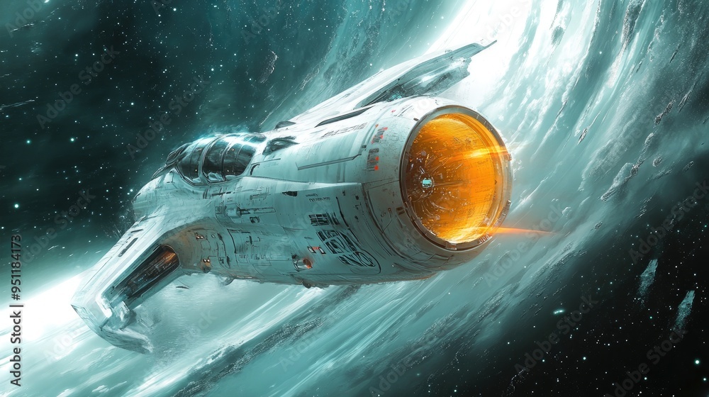 A futuristic visual of a spaceship slipping into a hyper space vortex, emphasizing advanced travel concepts. Clear space for text. A futuristic visual of a spaceship slipping into a hyper space vortex, emphasizing advanced travel concepts. Clear space for text.