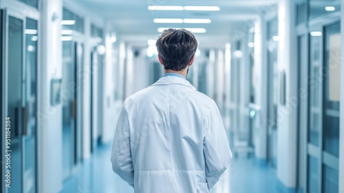 Solitary Doctor Walking Down Hospital Corridor