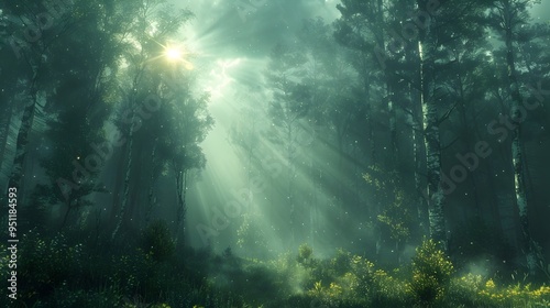 Moody Atmospheric Forest Landscape with Misty Trees and Dappled Sunlight