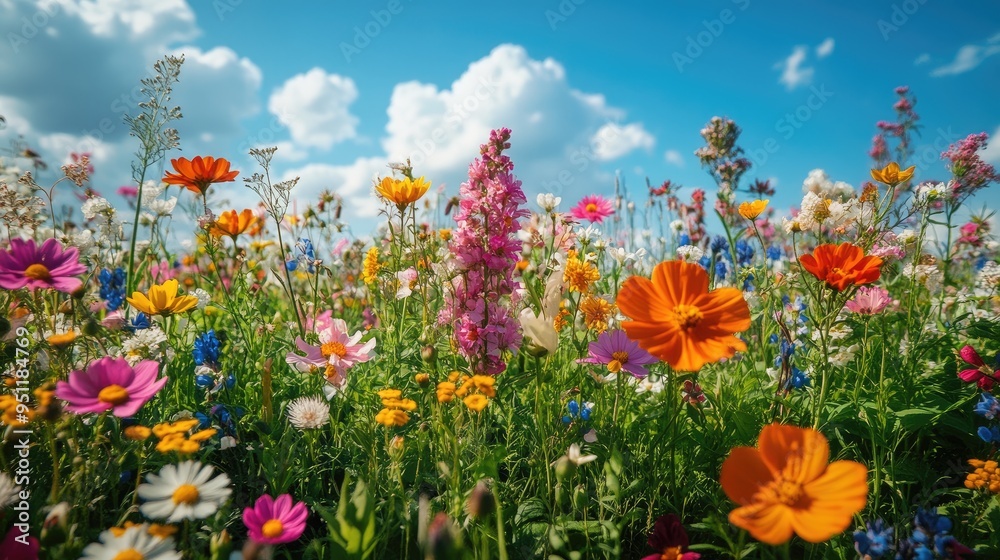 A garden in full bloom, with colorful flowers and green foliage creating a lush, vibrant scene under a clear blue sky. A garden in full bloom, with colorful flowers and green foliage creating a lush, vibrant scene under a clear blue sky.