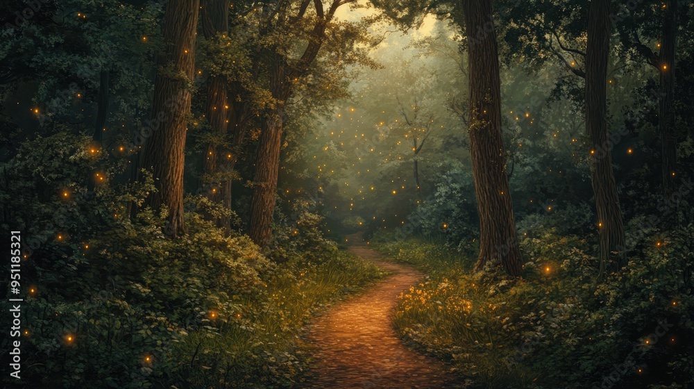 Obraz premium Enchanted Forest Path with Fireflies at Dusk - Magical Nature Scene.